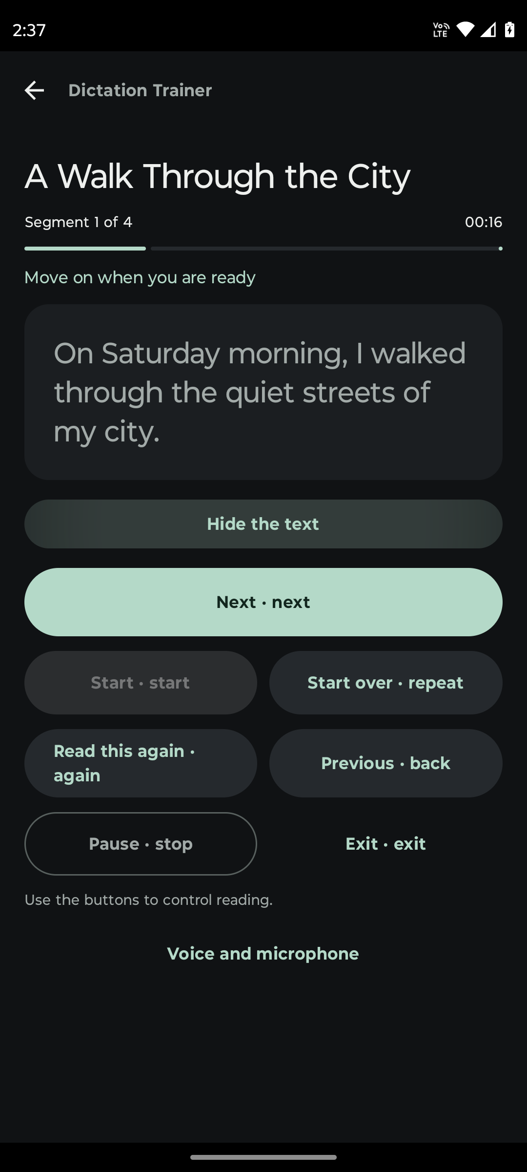 Real Dictation Trainer practice screen showing progress and controls